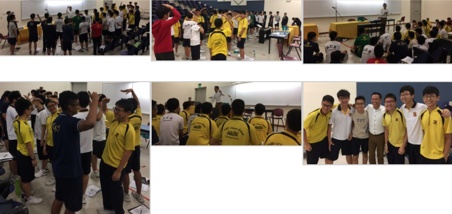 Six photos showing groups of male students in yellow uniforms participating in indoor activities and posing together smiling.